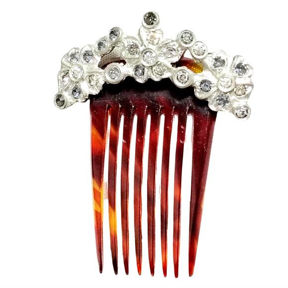 1920s Comb Tortoise Shell Celluloid Metal Gemstone Flower Adorned Hair Accessory main image 8